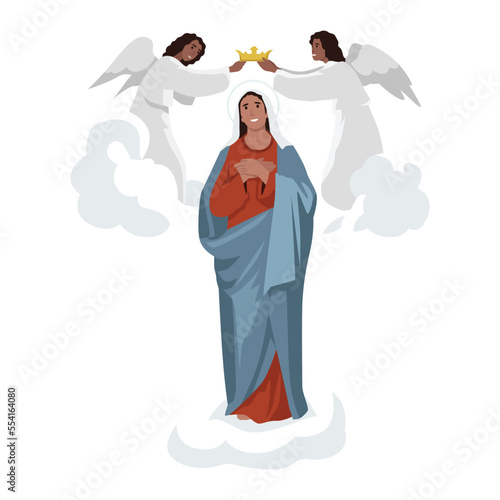 Assumption virgin mary and doves, image. Flat vector illustration isolated on white background