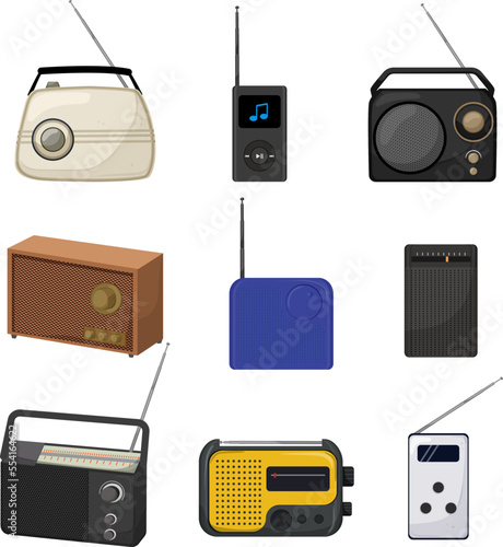 radio music set cartoon. retro fm, old speaker, sound studio, communication media, podcast broadcast radio music vector illustration