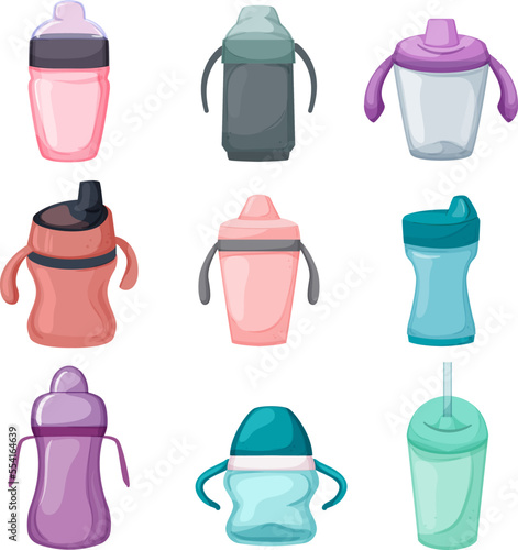 sippy cup set cartoon. baby bottle  child kid milk fedding  training sippy cup vector illustration