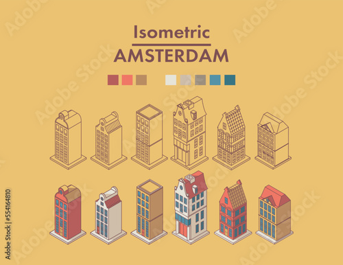 Set of isometric Amsterdam houses