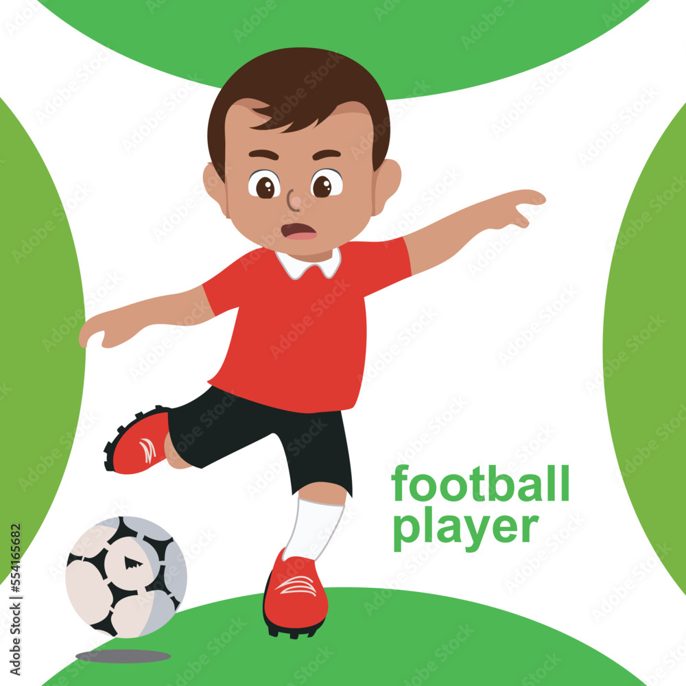 Flashcard kids’ profession dream. A cute football player boy in red uniform. Educational