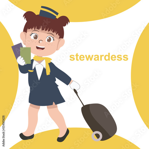 Flashcard kids’ profession dream. a cute stewardess holding passport and suitcase ready to flight. Educational printable sheet for children. Cute cartoon vector illustrations.