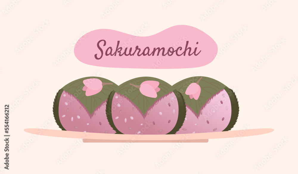 Sakuramochi illustation. Japanese rice cake wrapped in a pickled cherry blossom, sakura leaf. Vector illustration. Cartoon style. Sakuramochi illustation. Japanese rice cake wrapped in a pickled cherry blossom, sakura leaf. Vector illustration. Cartoon style.