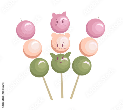 Dango Japanese dessert set isolated on white. Hanami Dango dessert with 3 colors pink, white and green. Vector illustration. Cartoon style.
