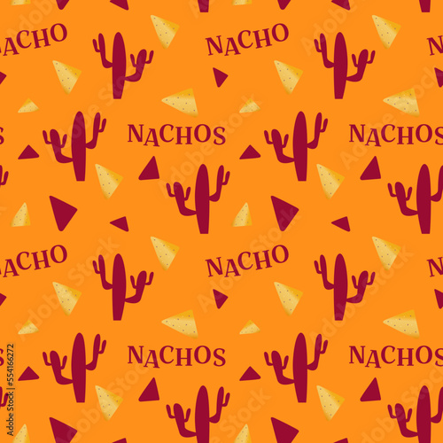 Nachos seamless pattern. Traditional Mexican tasty snack illustration. Cartoon background. Design for fashion , fabric, textile, wallpaper, cover. Vector illustration.