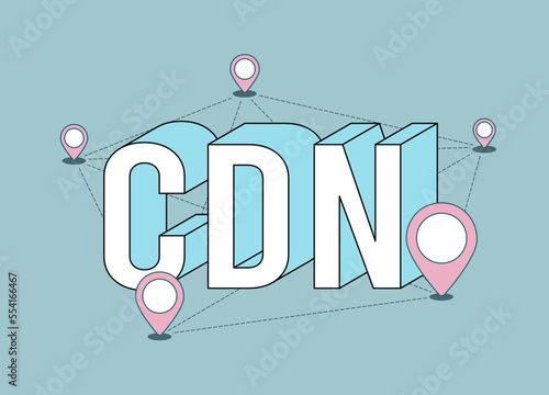 CDN Content delivery network modern flat thin line illustration with isometric acronym abbreviation CDN text. Geographically distributed data centers, network of proxy servers. Linear isolated icon