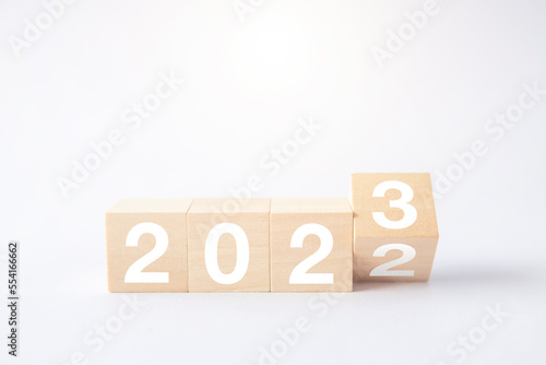2023 business growing growth concept to success. woods block step with icon concept about business strategy, Action plan, Goal and target, hand stack, project, vision.