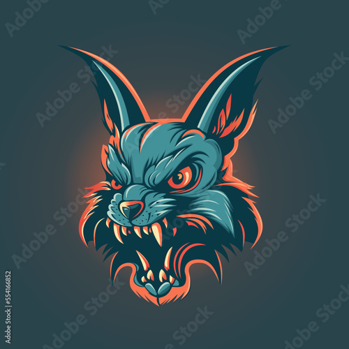 Raging aggressive rabbit with burning eyes. Color logo hare in flat style. Vector illustration