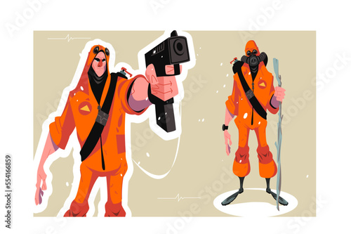 Man in bio-chemical protective coat holding gun