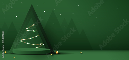 Podium shape for show cosmetic product display for Christmas day or New Years. Stand product showcase on green background with tree christmas. vector design.