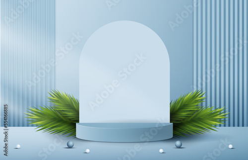 Podium shape for show cosmetic product display for Christmas day or New Years. Stand product showcase on blue background with tree christmas. vector design.