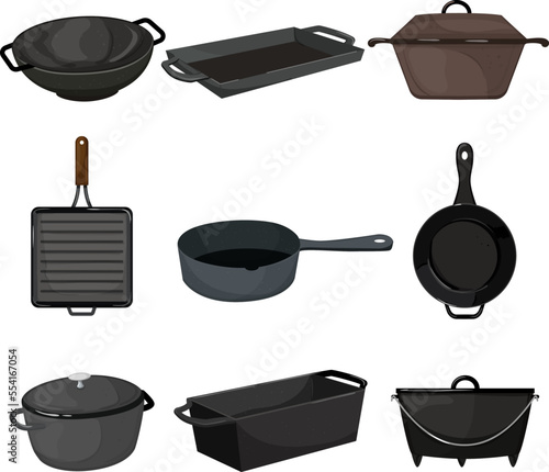 iron skillet set cartoon. cast pan, black cookware, kitchen food, empty top view, meat grill pot iron skillet vector illustration