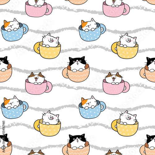 Seamless Pattern of Cartoon Cat in Coffee Cup Design on White Background with Wavy Lines