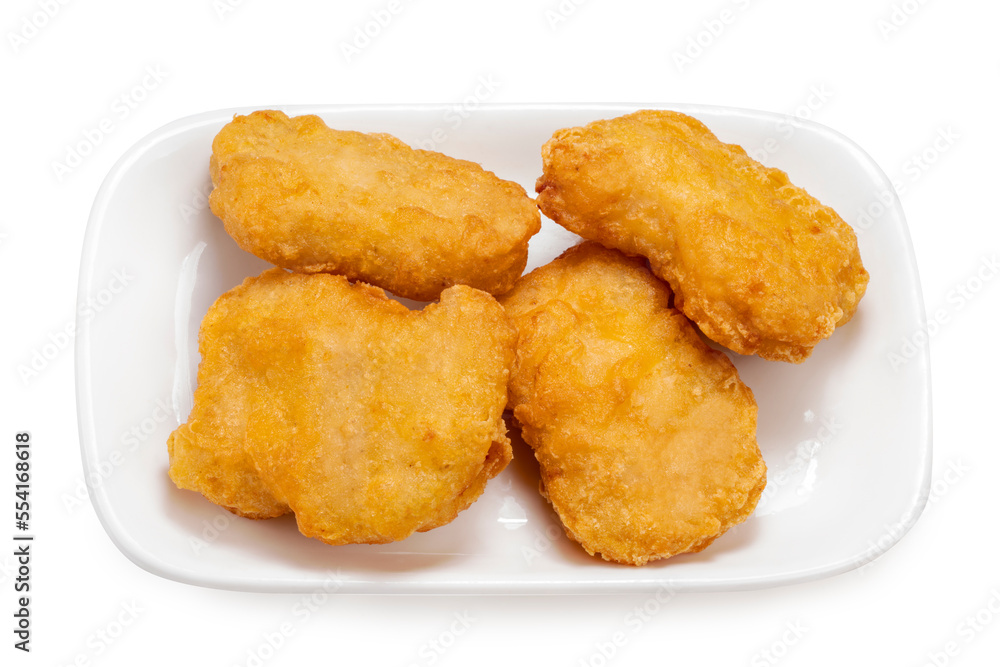 Nugget Fried chicken isolated on white dish With clipping path, Fried chicken on white. Nugget Fried chicken isolated on white dish With clipping path, Fried chicken on white.