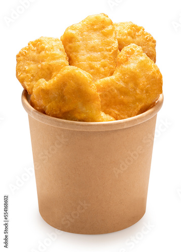 Nugget Fried chicken isolated on on paper bucket With clipping path, Fried chicken on white.