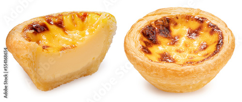 Sweet Baked Egg tart isolated on white background, Pie Portuguese egg tart on white With clipping path.