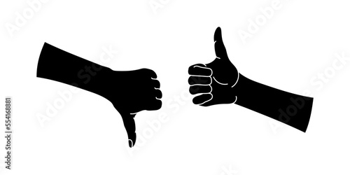 Like and dislike gesture thumbs up and thumbs down, approval and disapproval silhouette. Vector illustration