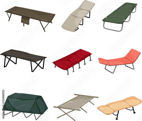 cot camp set cartoon. camping bed, folding tourist sleep, outdoor travel, furniture rest outside cot camp vector illustration