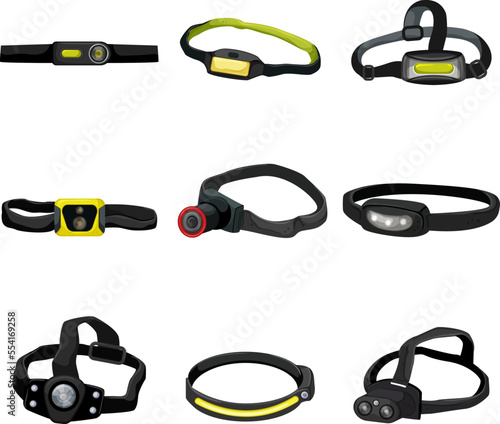 headlamp flashlight set cartoon. led torch, hiking lamp, night light, miner flash headlamp flashlight vector illustration