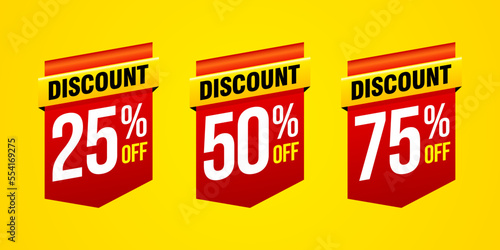 Set of discount label vector illustration, sale banner for promotional 25% off, 50% off, 75% off special offer tag sticker design element