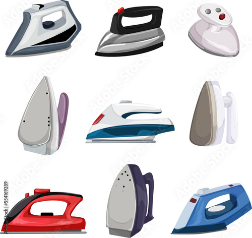 iron laundry set cartoon. steam clothes, shirt board cloth, household electric water hot press iron laundry vector illustration