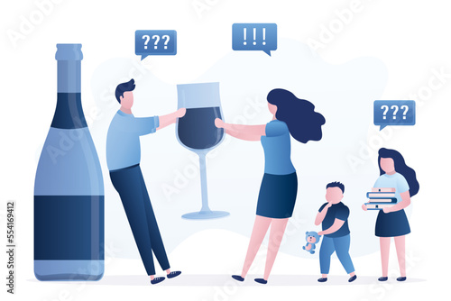 Alcohol addiction. Wife and children tries to take glass of wine from husband. Problems in family, alcoholism, social problems, violence. Drunk man wants to drink wine.