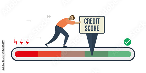 Businessman moves an arrow on measuring scale. Good credit score. Banking information about financial condition of borrower. Gauge shows an excellent reputation. Banking information, rating.