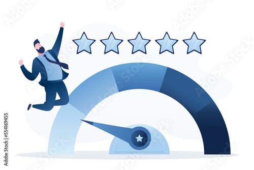 Business owner or happy businessman because his business get five stars, best review. Good performance, high quality reputation. Excellent customer reviews and high rating, best service.