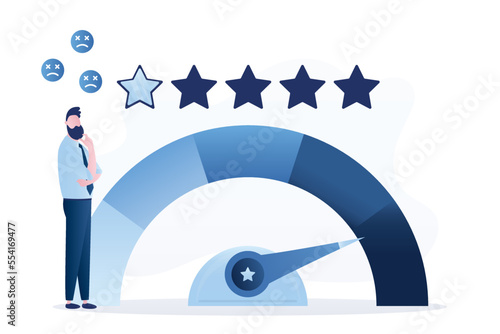 Business owner or unhappy businessman is sad because his business gets one star. Poor performance and bad reputation. Bad customer reviews and low rating, unsatisfactory service