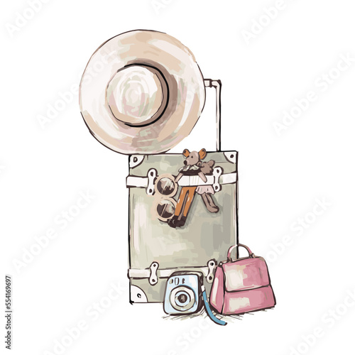 Travel suitcase with heart, bag and camera. Vector illustration
