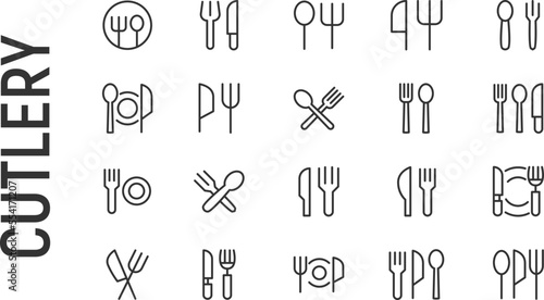 Vector set of cutlery thin line icons.