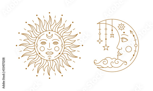 Mystical golden stylized boho sun and crescent moon. Astrology, esoteric, tarot, fortune telling and mysticism design elements thin line vector illustration on white background