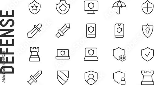 Vector set of defense thin line icons.