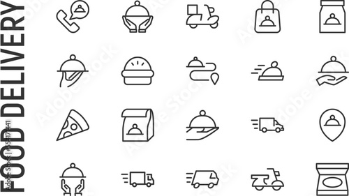 Vector set of food delivery thin line icons.