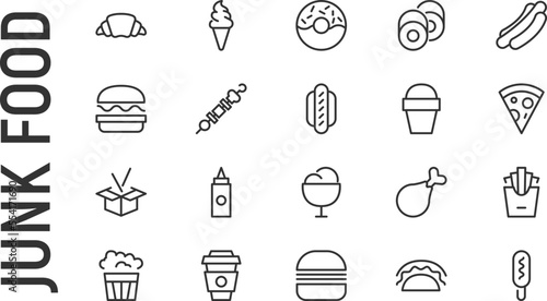Vector set of junk food thin line icons.