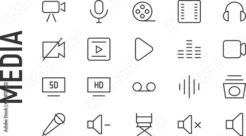 Vector set of media thin line icons.