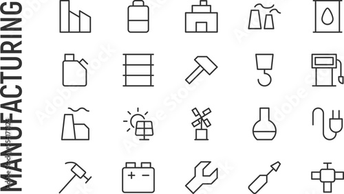 Vector set of manufacturing thin line icons.