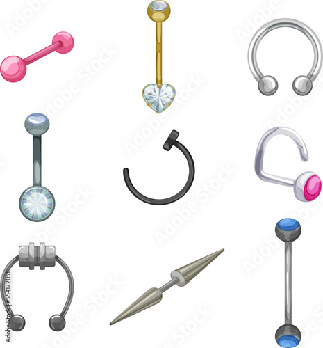 piercing ring set cartoon. nose earring, ear, body, metal jewelry, gold pierce, silver hoop nipple piercing ring vector illustration