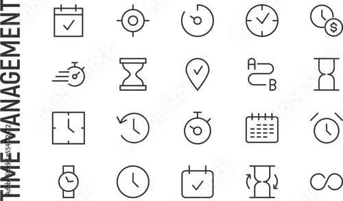 Vector set of time management thin line icons.