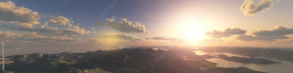 Panorama of a beautiful lake-mountain landscape from aerial view at sunset, 3d rendering