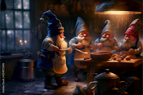 Christmas dinner being prepared by a group of elves in Santa's workshop, generative ai, generative, ai