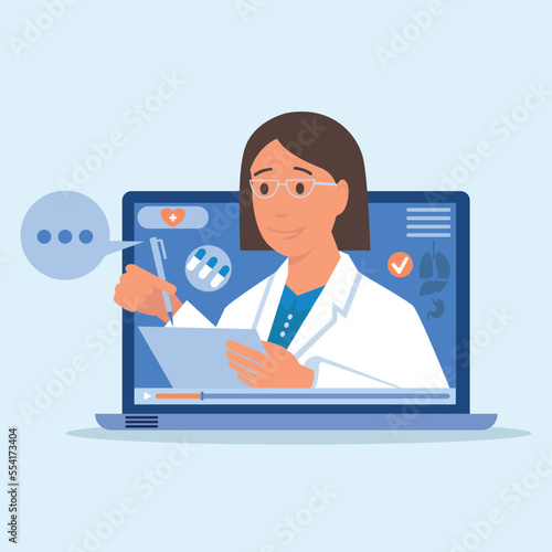The concept of a remote online doctor consultation using a laptop and a webcam. Vector illustration