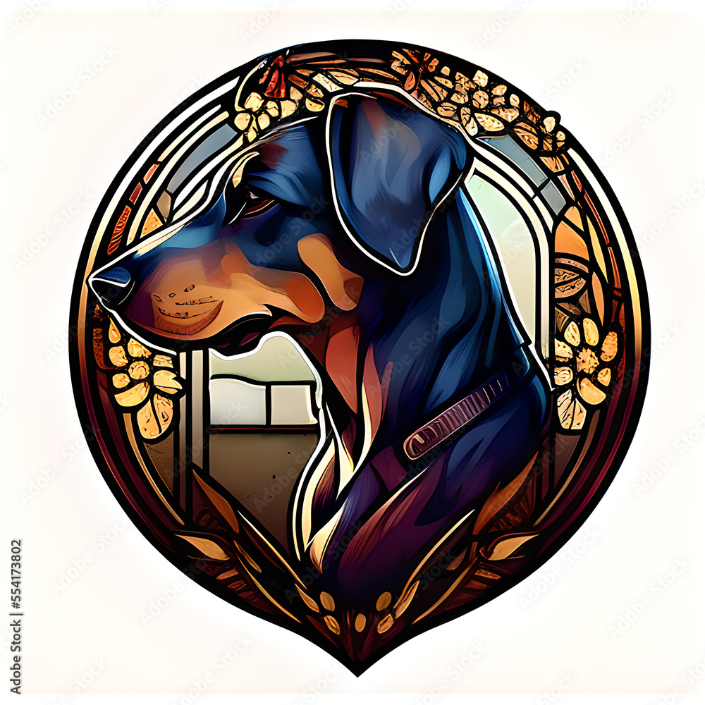 AIgenerated illustration of a Dobermann dog in a stained glass/mosaic