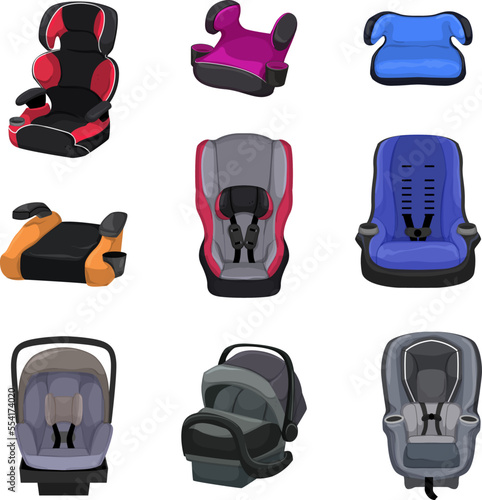 baby car seat set cartoon. safety child, kid chair, infant belt, toddler travel baby car seat vector illustration
