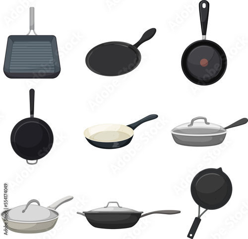 frying pan kitchen set cartoon. fry food, black cooking skillet, cook iron, chef handle empty frying pan kitchen vector illustration