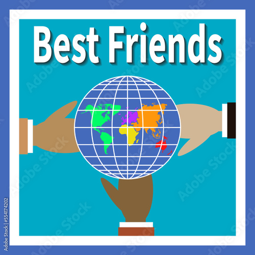 Three human hands of different colors hold globe