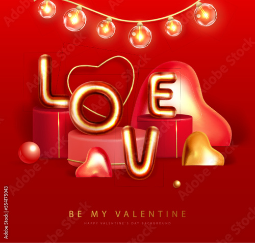 Happy Valentines Day poster with 3D chromic letters and love hearts. Holiday greeting card. Vector illustration photo