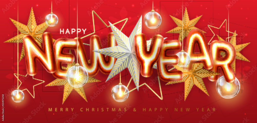 Happy New Year poster with 3D chromic letters, Christmas stars and electric lamps. Holiday greeting card. Vector illustration