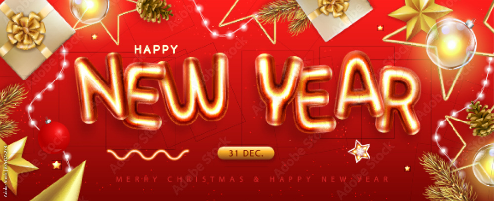 Happy New Year top view poster with 3D chromic letters and Christmas decoration. Holiday greeting card. Vector illustration