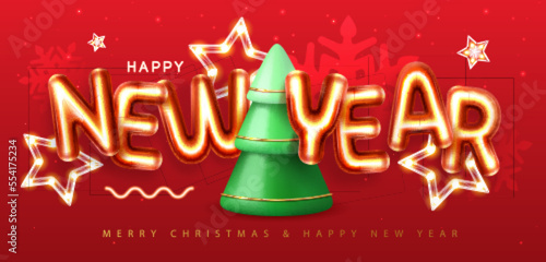 Happy New Year poster with 3D chromic letters and Christmas tree on red background. Holiday greeting card. Vector illustration